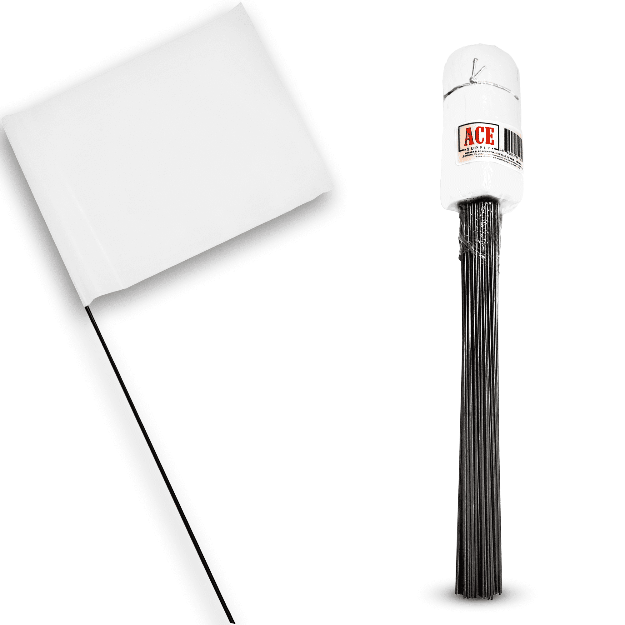 "ACE Supply 100 Pack White Marking Flags, 4""x5"" PVC Flag on 15"" High Carbon Steel Wire