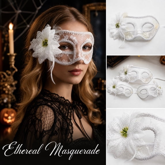 White Masquerade Mask for Women 7 Inch Semi Transparent Lace Halloween Mask Elegant Feather Flower Decor Mask for Themed Party Evening Events, 1 Pack