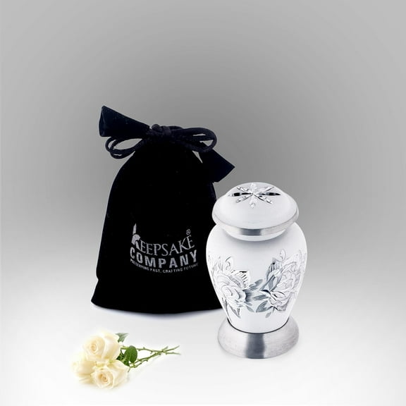 White Matte Roses Engraved Small Urn for Ashes - 3" Height and can accomodate 3 Cubic inches only - with Beautiful Cap and Base
