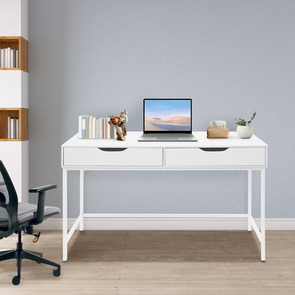 White Mdf Iron 120x50x75cm Modern Minimalist Desk With Double Drawers Bearing 154 Pounds Of Home Computer Desk
