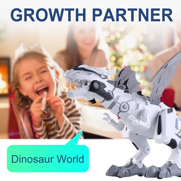 White Mechanical Dinosaur Toy With Spray Effect Electric Walk And Roar Lights Plastic Model For Children