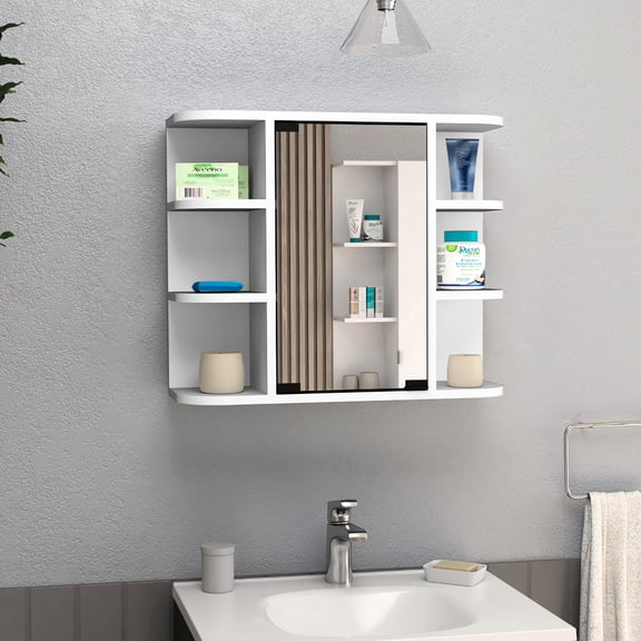 White Medicine Cabinet with Privacy Mirror Door - Keep Items Hidden