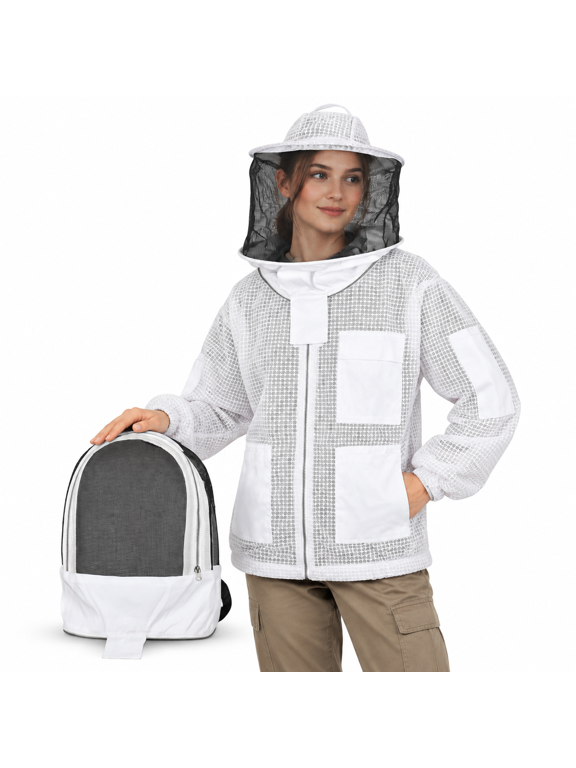 White Medium 3 Layer Ventilated Beekeeping Work Jacket with Two Veils