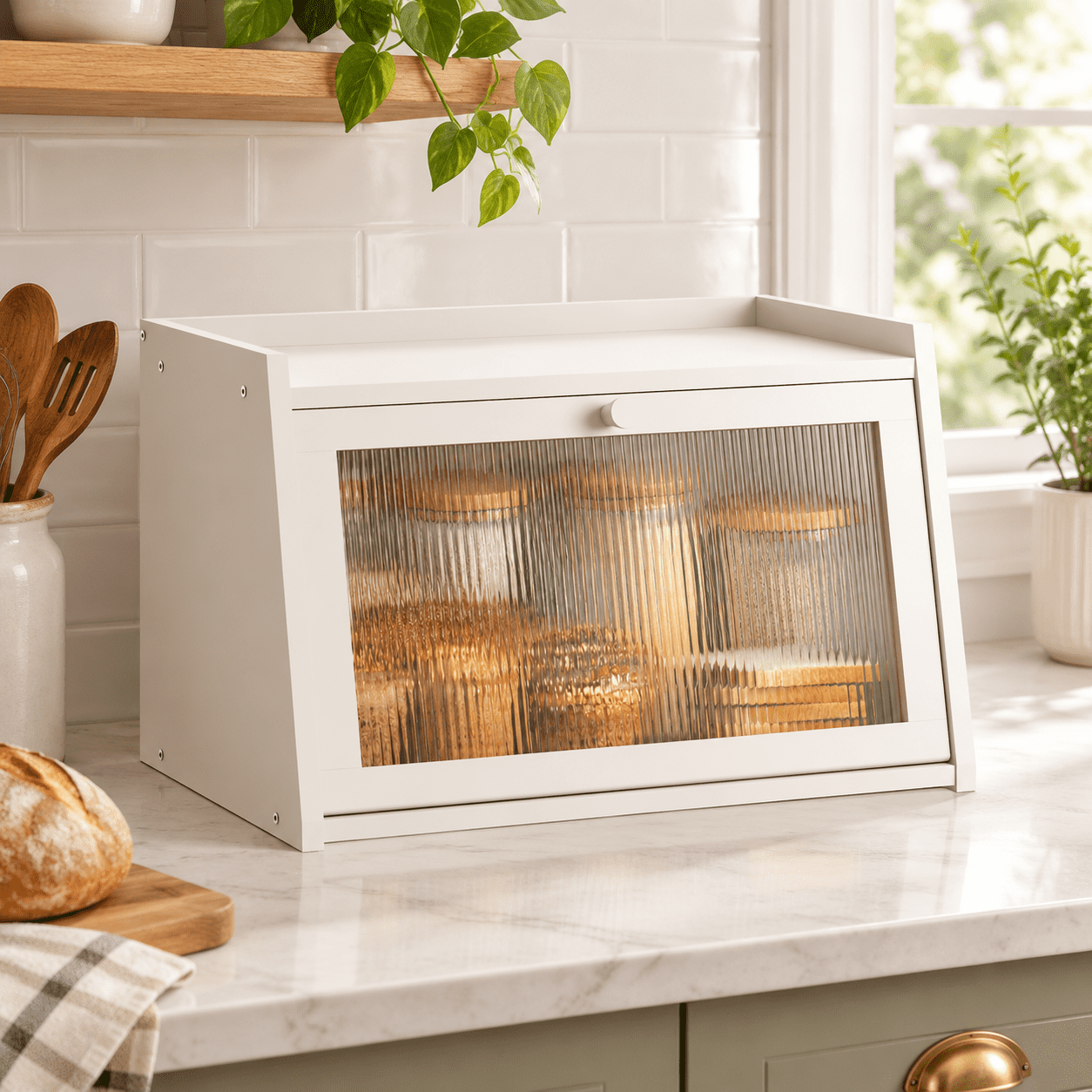 White Medium Large Bread Box with Door for Kitchen Countertop Storage ...