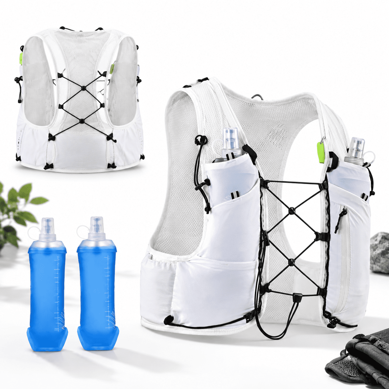 White Medium Running Hydration Vest 5L Pack with 2 Soft Flasks for ...