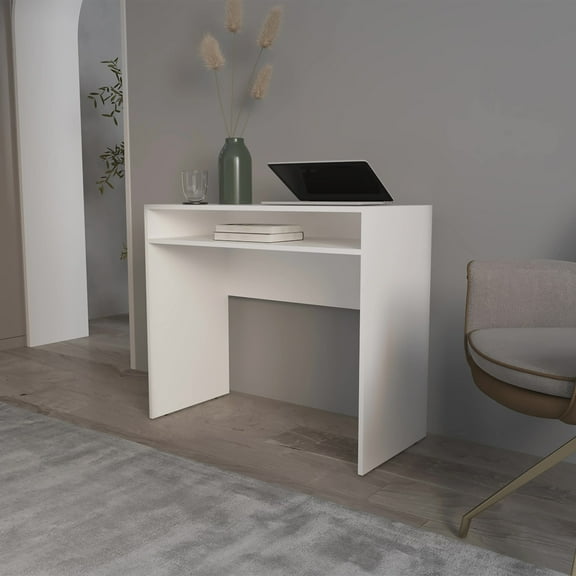 White Melamine Desk with Built-in Storage & WorkspaceOptimized for Closets and Home Offices