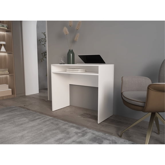 White Melamine Material - Built - in Storage for Keyboard and Books - Office Use - Keep Workspace Clutter - free