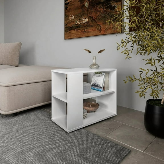 White Melamine Side Table with Open Storage & 2 Shelves