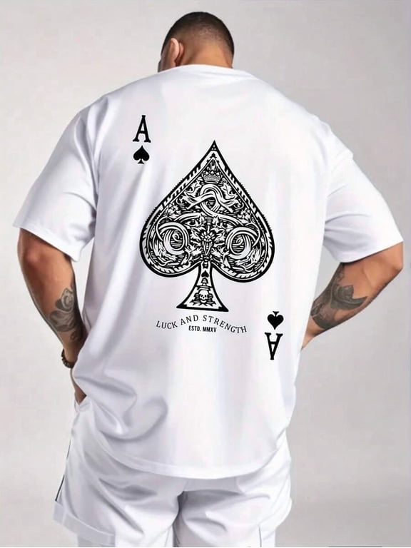 White Men Plus Size Ace Of Spades Graphic Print Short-Sleeve T-Shirt, Casual Streetwear Style