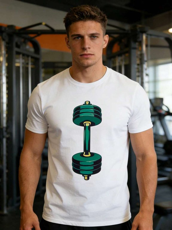 White Mens Crew Neck Graphic T-Shirt With Green Barbell Print, Fitness Gym Tee