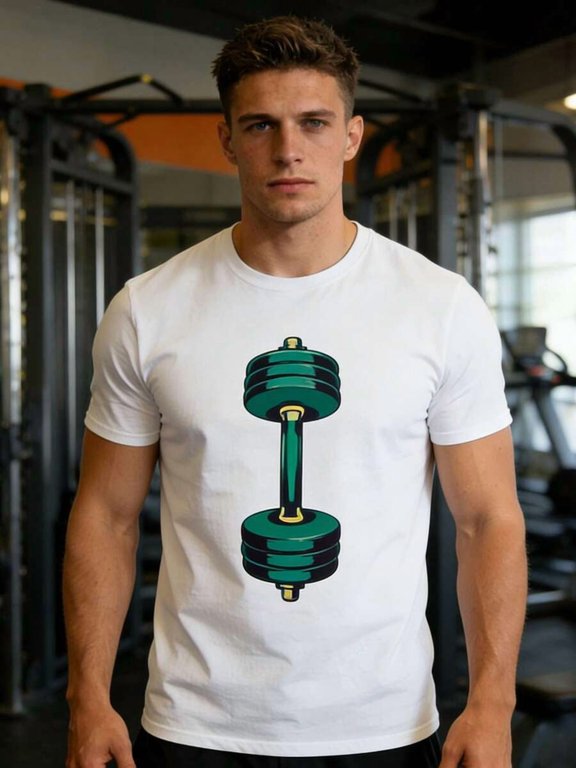 White Mens Crew Neck Graphic T-Shirt With Green Barbell Print, Fitness Gym Tee