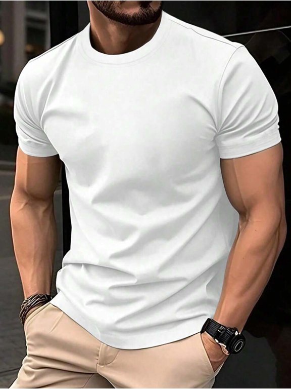 White Mens Crew Neck Short Sleeve Plain Casual Tee, Slim Fit Daily Wear Top
