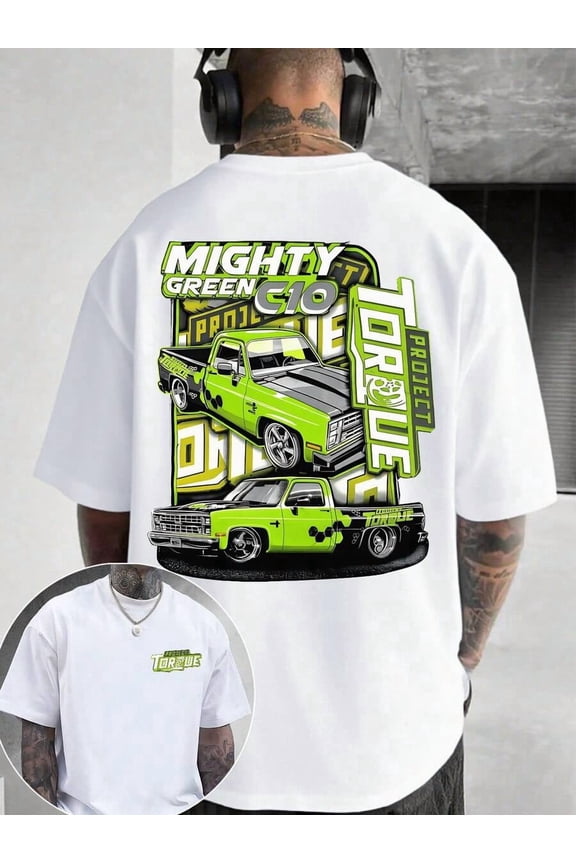 White Mens Graphic T-Shirt Featuring Mighty Green C10 Muscle Car Design | Unisex Crew Neck Tee