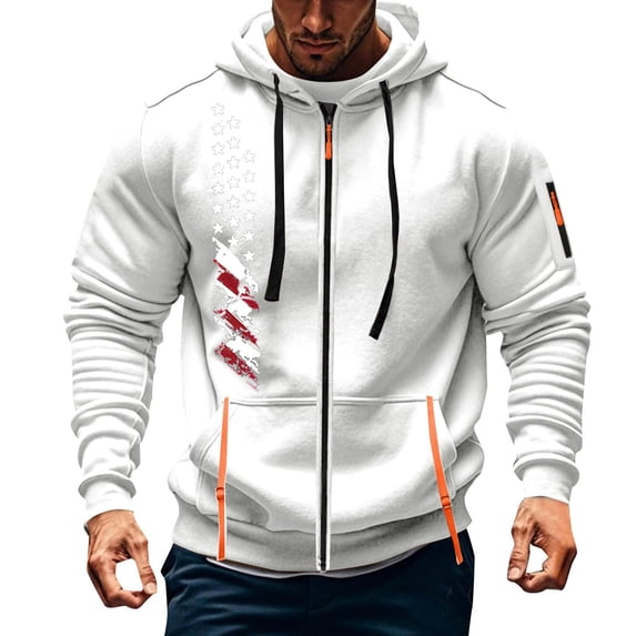 White Mens Jacket Workout Zip Up Hooded Shirt Fall Winter Pocket Patriotic Clothes for Men