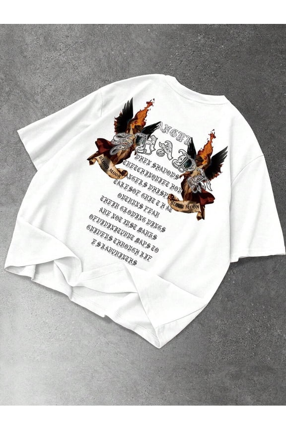 White Mens Oversized Gothic Angel Graphic T-Shirt With Burned Wing Print