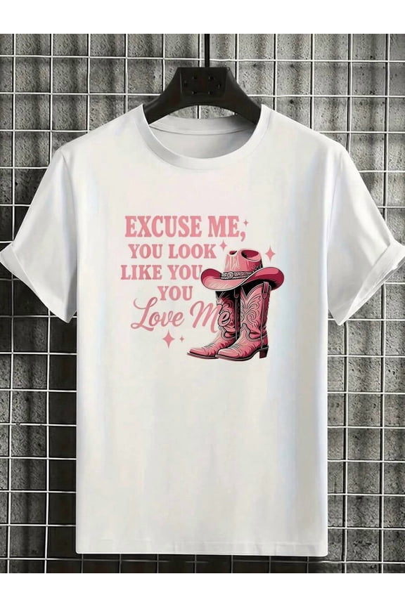 White Mens Plus Size Graphic T-Shirt With Pink Cowboy Boots And Romantic Western Message