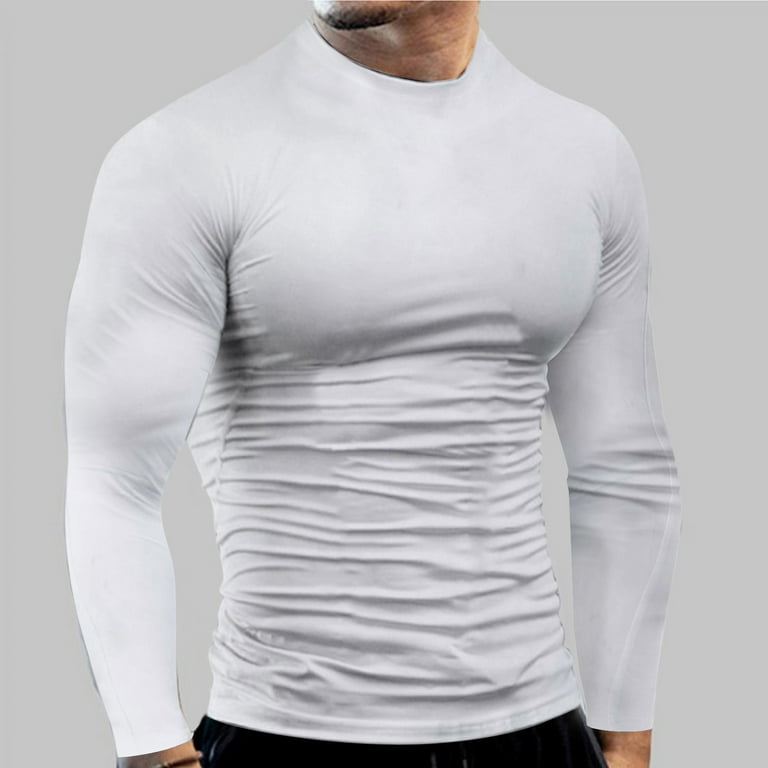 Mens Casual Long Sleeve Ribbed T-shirt Solid Color Stretch