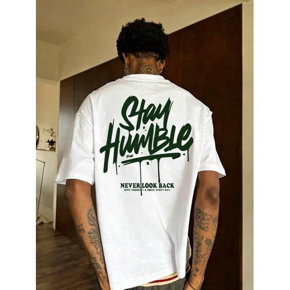 White Mens Streetwear Graphic Print Round Neck Short Sleeve T-Shirt With Stay Humble Slogan