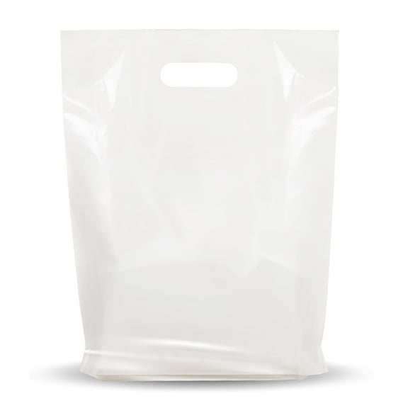 White Merchandise Plastic Shopping Bags - 100 Pack 12" x 15"with 1.25 mil Thick - Die Cut Handles - Perfect for Retail Shops, Party Favors, Birthdays, Children Parties - Color White - 100% Recyclable