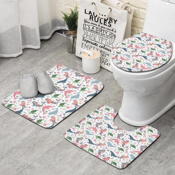 White Mermaid Sea Pattern Bathroom Rugs Sets 3 Piece,Toilet Cover Set,Absorbent Non Slip Bathroom Mats Sets with U-Shaped Contour Rug Toilet Rug Set