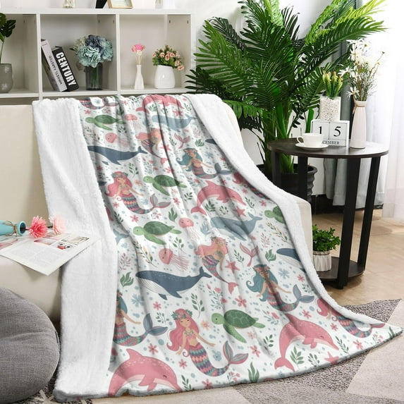 White Mermaid Sea Pattern Blanket,Comfortable Soft Lamb Wool Throw Blanket,All Season,Warm Lightweight Blankets for Sofa Bed Couch Living Room Chair,60"x80"