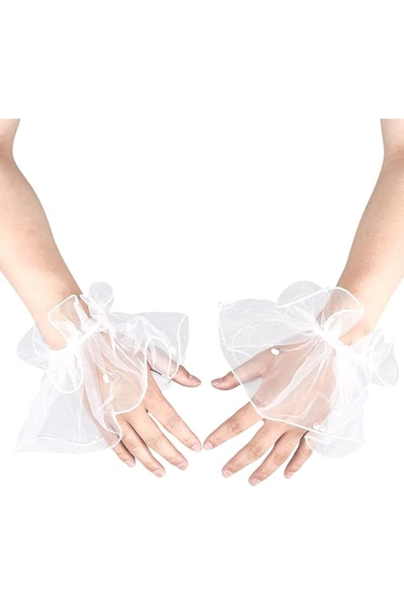 White Mesh Gloves Sheer Ruffled Tulle Pearl Sleeves for Wedding