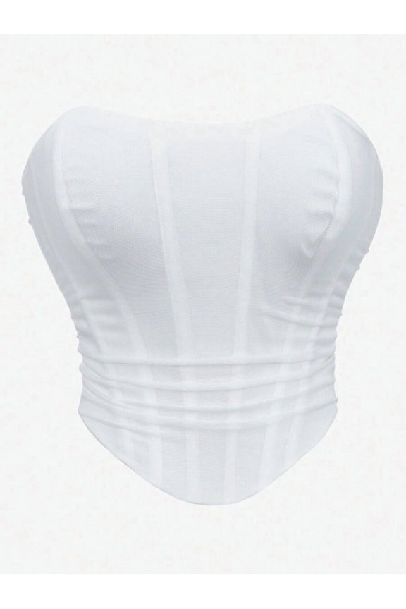 White Mesh Strapless Corset Top With Ruched Waist And Sculpting Fit