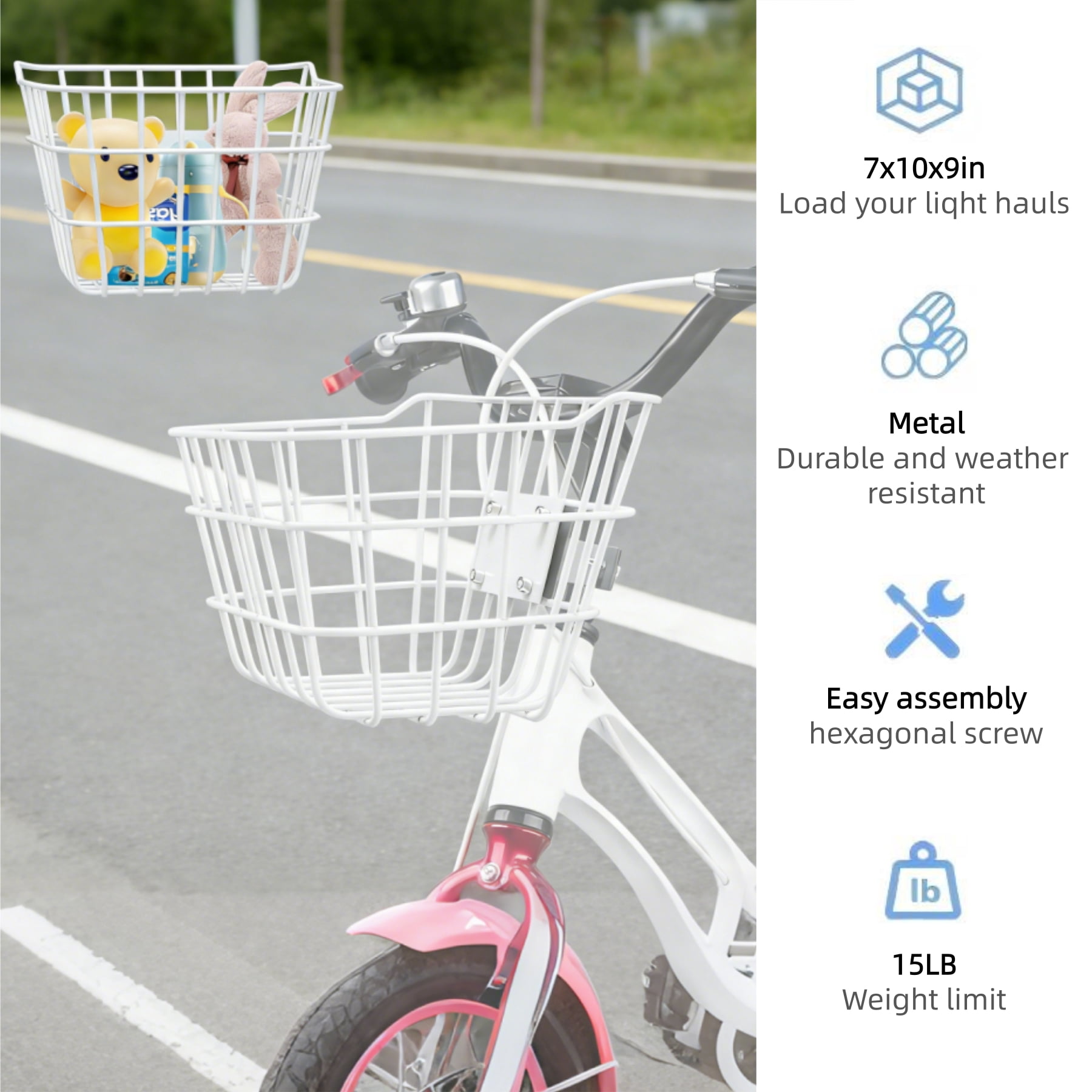 White Metal Anti-Sag Front Bicycle Basket for Scooters