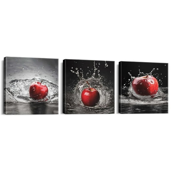 White Metal Art Apple Splash Wall Art Canvas Prints for Living Room Family Love Art Poster Home Decor Picture Modern Rustic Wall Decor for Dining Room Framed Painting 12"x12",3PCS