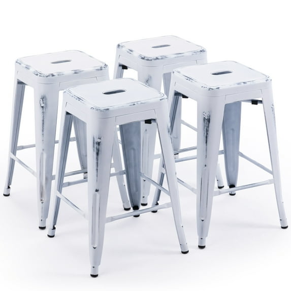 White Metal Barstools Set of 4, 24" High Bar Stools Backless, Indoor-Outdoor Counter Height Stools with Square Seat