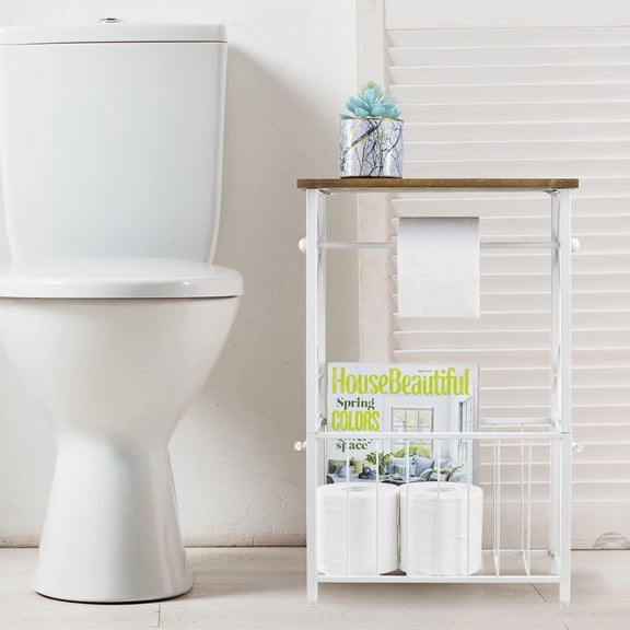 Toilet Paper Holder Stand with Shelf, Bathroom Table Stand Storage with Magazine Holder Basket, Scrollwork Design, White Metal