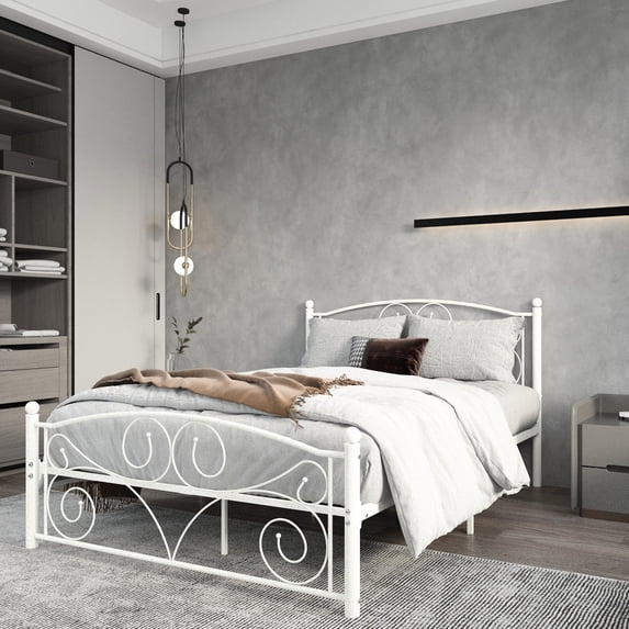 White Metal Bed Frame, Full Size - With Headboard And , Quiet Stable, Easy To Put Together, No Box Spring Necessary, Fits 8-inch Or More Thickness Mattress, 600 Lbs Weight Limit Modern Look &