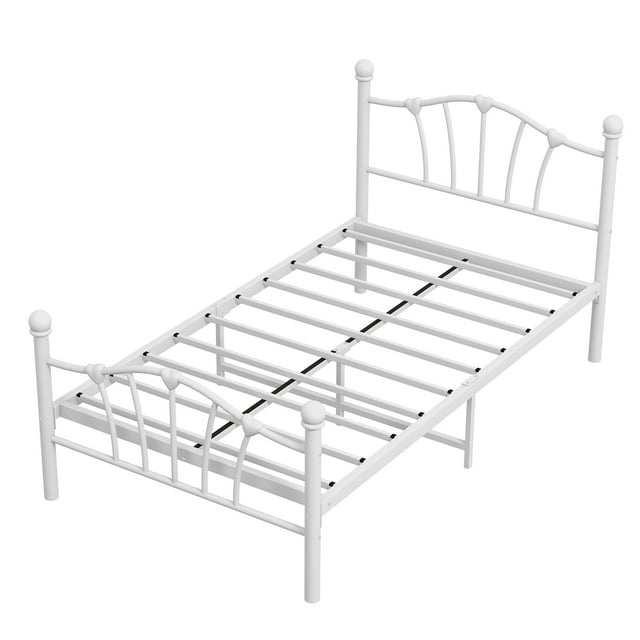 White Metal Bed Frame with Heart Shape Headboard Footboard Solid Metal