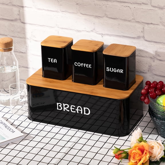 White Metal Bread Box with 3 Pcs Coffee Sugar Tea Jars, Bamboo Lid, Large Capacity Vintage Farmhouse Kitchen Countertop Food Storage Organizer Set