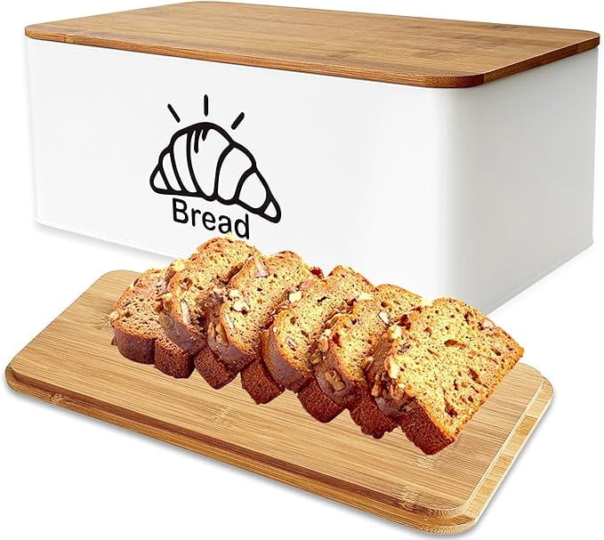 White Metal Bread Box with Bamboo Cutting Board Lid, Large Capacity Storage Organizer for Kitchen Countertop Home Use