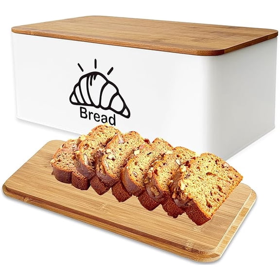 White Metal Bread Box with Bamboo Cutting Board Lid, Large Capacity Storage Organizer for Kitchen Countertop Home Use