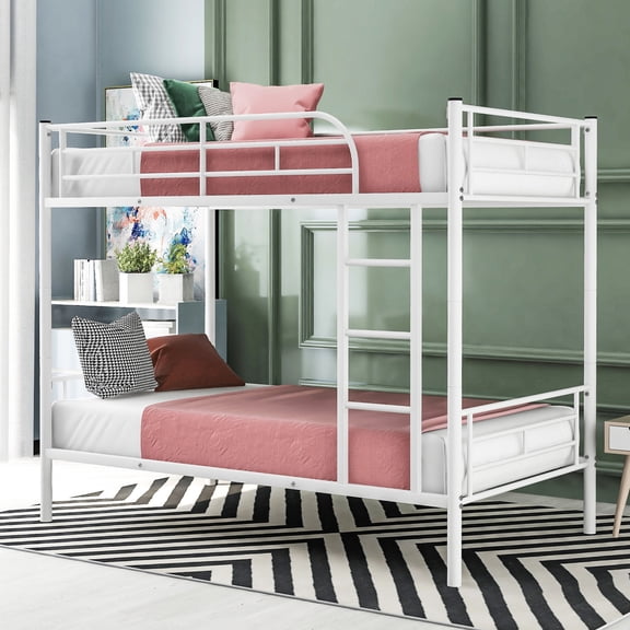 White Metal Bunk Bed, Tested Steel | Suitable for Teens, Space-Efficient Design | Full-Length Gridded Guardrails, Ladder Flexibility