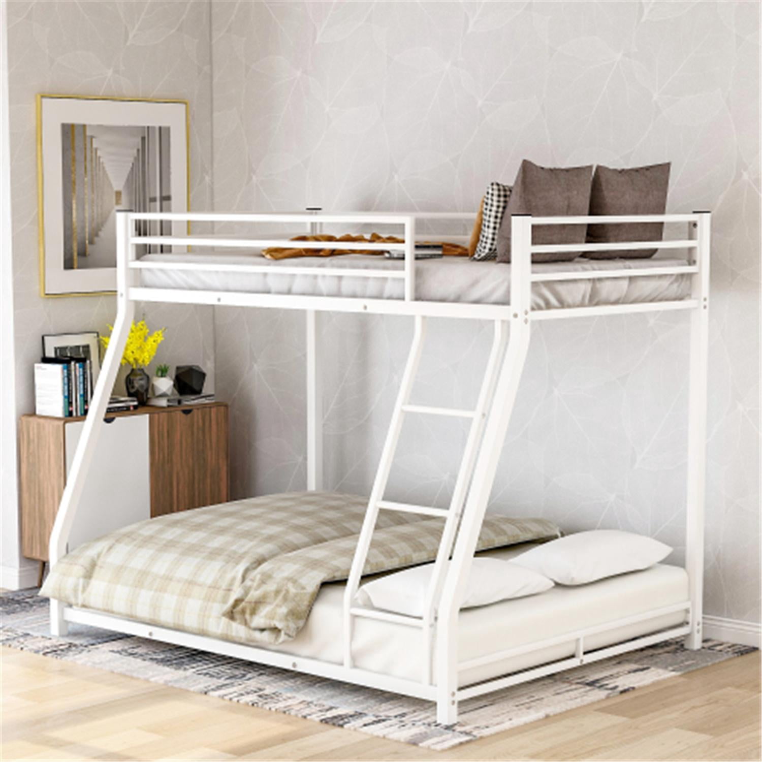 White Metal Bunk Bed, Twin Over Full Bunk Bed Frame with Sloping Ladder