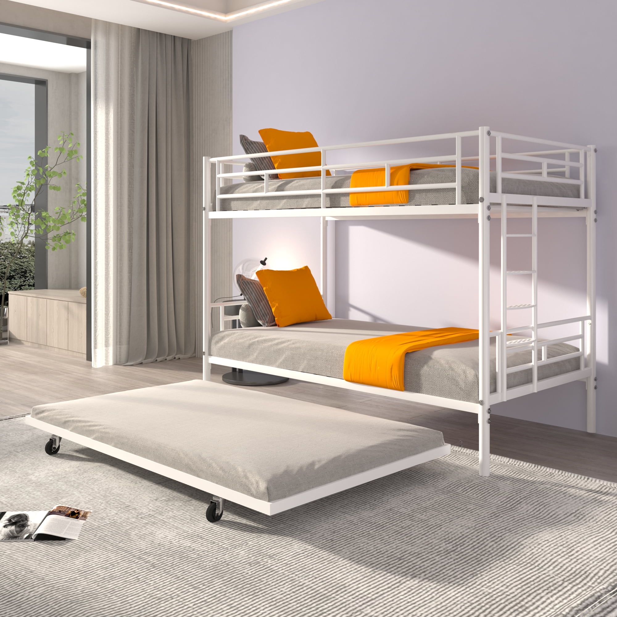 White Metal Bunk Bed Twin over Twin with Trundle,with Comfortable