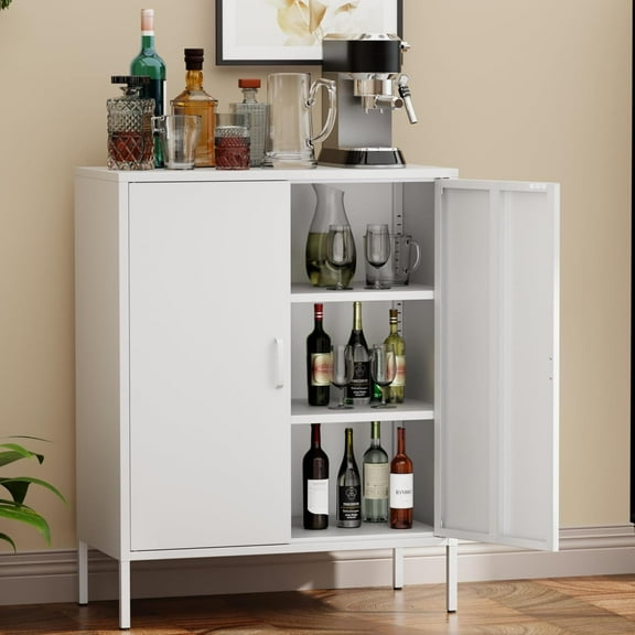 White Metal Cabinet with Doors and Shelves,Metal Locker Storage Cabinet with Leg,3-Tier Office Cabinet,Metal Shelf Cabinet for Home Office,Bathroom,Coffee Bar,Balcony