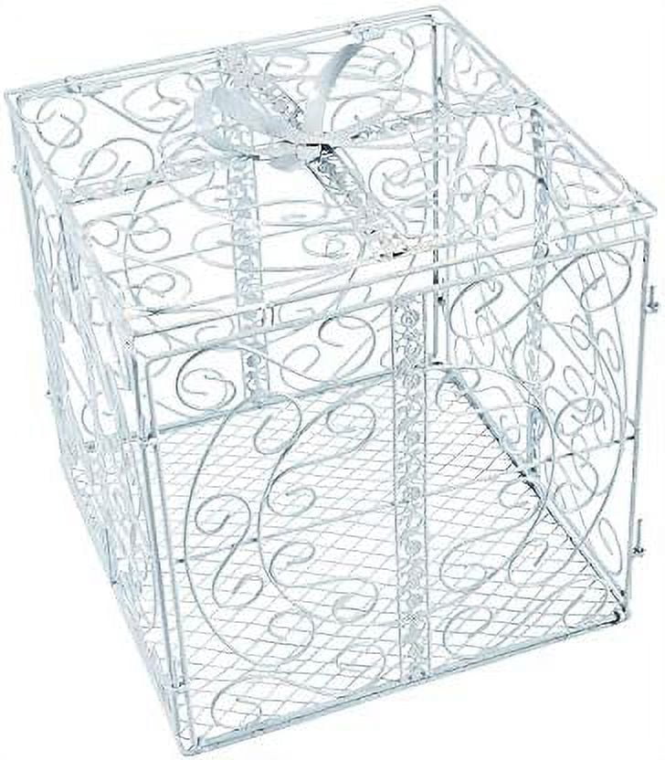 White Metal Card Holder Box With Scroll Design And Hinged Lid