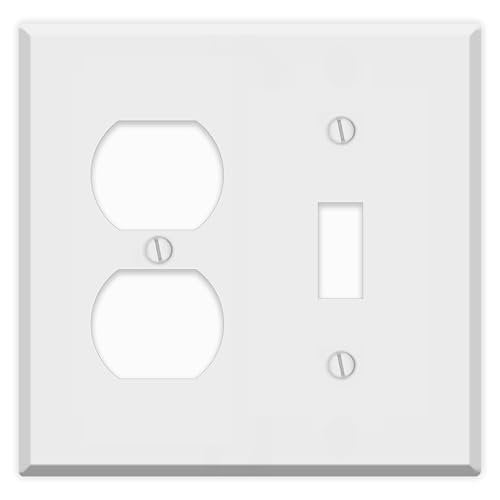 White Metal Combination Switch Cover, Rocker Toggle Wall Plate, 2 Gang Standard Size, 1 Duplex Receptacle, 1 Toggle Switch, 4.50" x 4.56" Corrosion and Heat Resistant, Unbreakable Metal, Made In USA