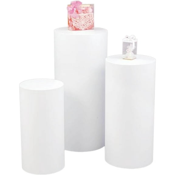 White Metal Cylinder Pedestal Stands - 3 Pieces Stands - White Party Stands for Wedding Party, Babyshower and Events - 36''(L), 30''(M), 24''(S)