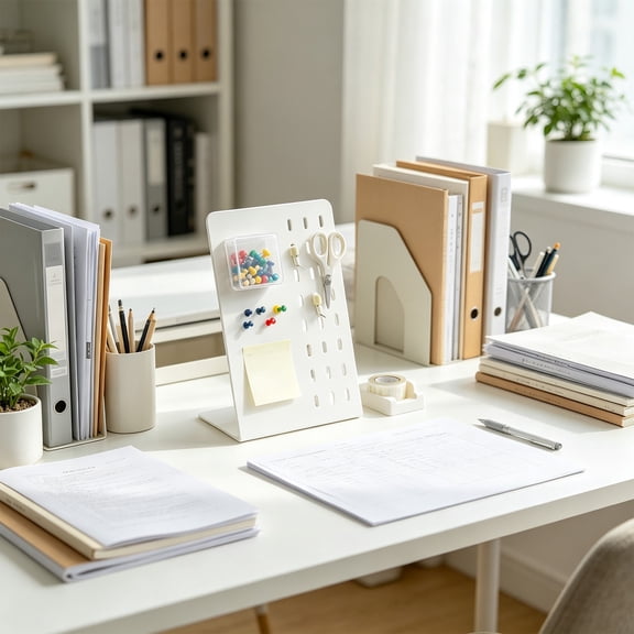 White Metal Desktop Pegboard, 11.1x7.1x5 Inch L-Shaped Hole Display Board, Freestanding Organizer for Study Table