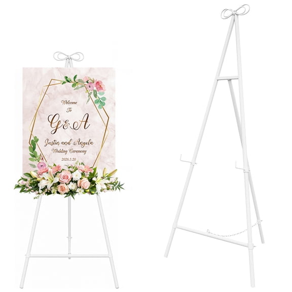 White Metal Display Easel 55in Adjustable Floor Stand, A-Frame Tripod for Wedding Welcome Sign Poster Canvas, Event Decor