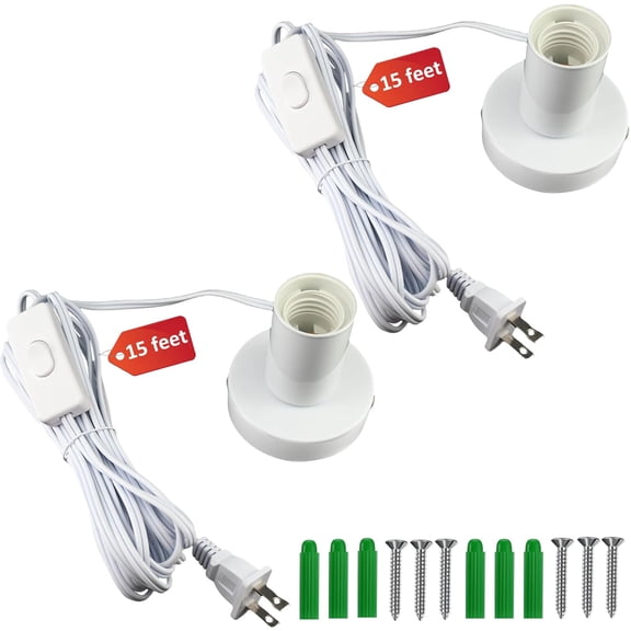 White Metal E26/E27 Screw Light Socket with 15FT Extension Cord, Hanging Light Cord for Garage,80MM Small Table Lamp Base Ceiling Bulb Holder, On/Off Switch US Plug in Wire (2 Pack)