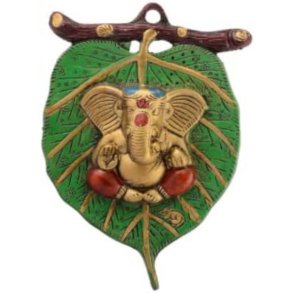 White Metal Elegant Lord Ganesha in Red Dhoti on Green Leaf Wall Hanging Showpiece (Approx. 15 x 1.25 x 22.5 Cm), Decorative Statue