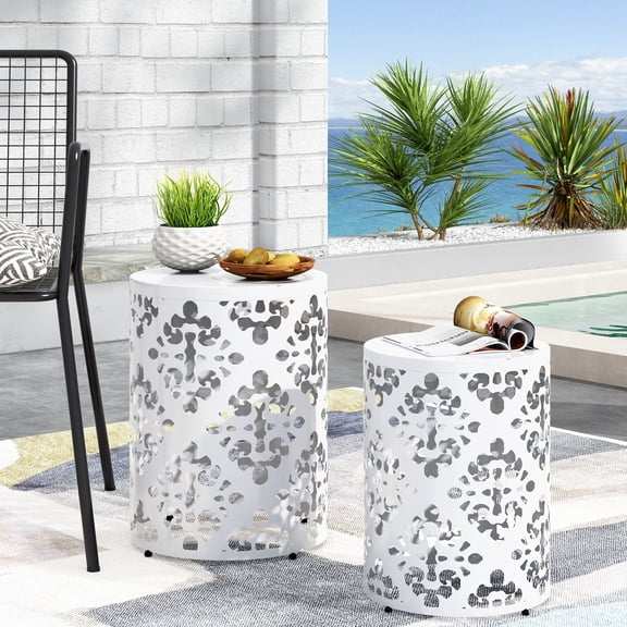 White Metal End Table S/2, Modern Appeal With Iron Cut Feature, No Assembly S/2 Tables, Style Enhancement, Finish