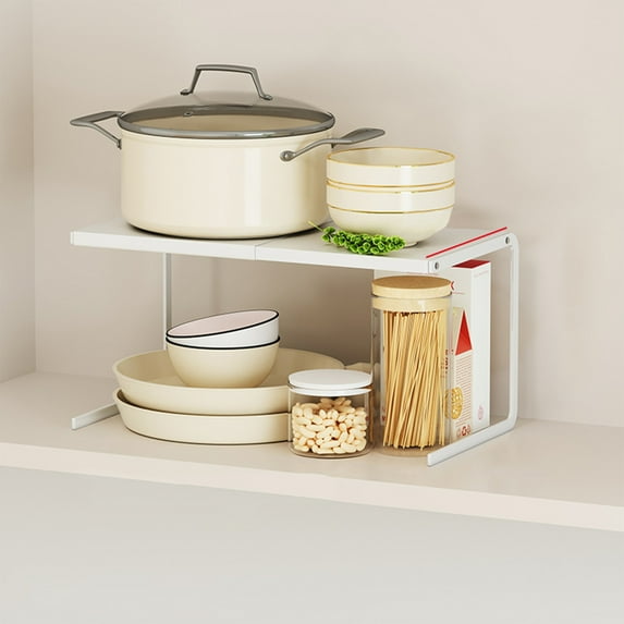 White Metal Expandable Kitchen Cabinet Organizer Shelf | Retractable Drawer Storage Rack | 24×17×23cm Under Sink Organizer for Pots, Spices & Cleaning Supplies | Heavy Duty Multi-Purpose Shelf