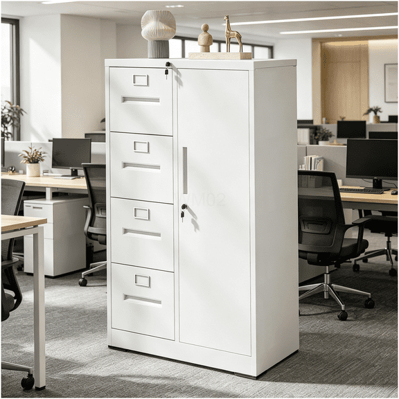 White Metal File Cabinet with Lock for Home Office, 4 Drawers and Wardrobe for Document and Clothing Storage
